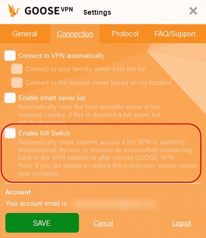 GooseVPN connection settings