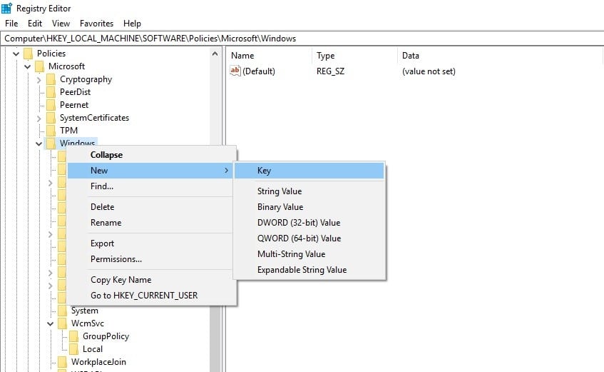 Registry Editor windows tab