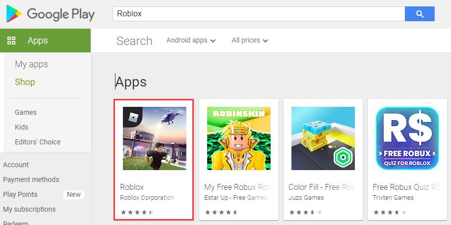 Search roblox in google play