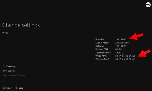Xbox One console IP Settings