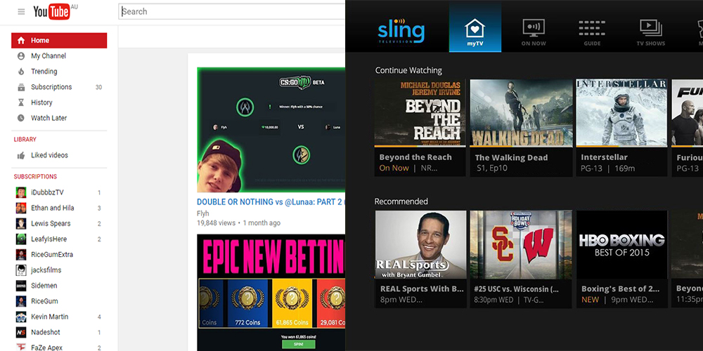 Youtube and sling interface compare