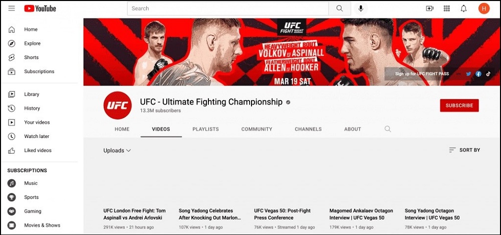 YouTube UFC channel for Free Streaming Websites
