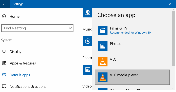 set VLC media player as Default Media Player in Windows 10