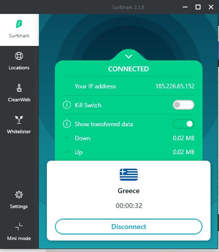 Main interface connected to Greece server