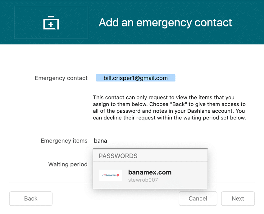 Dashlane emergency contact feature