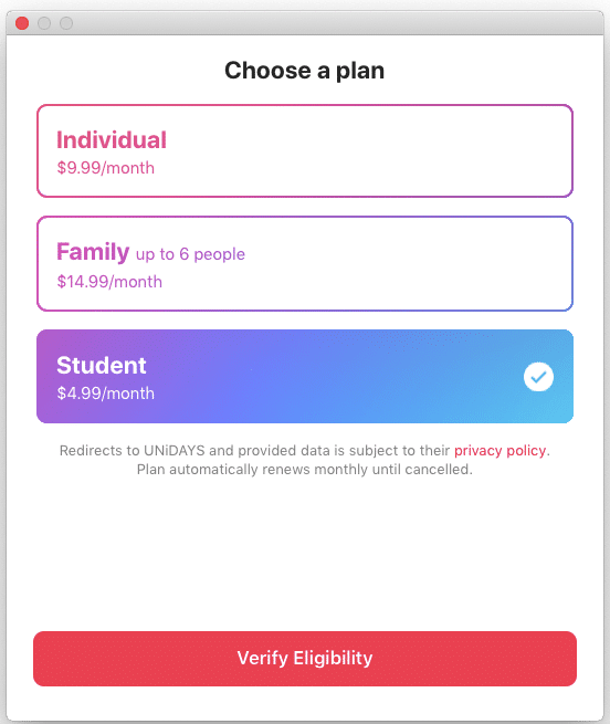 Verify Eligibility option for apple music student discount