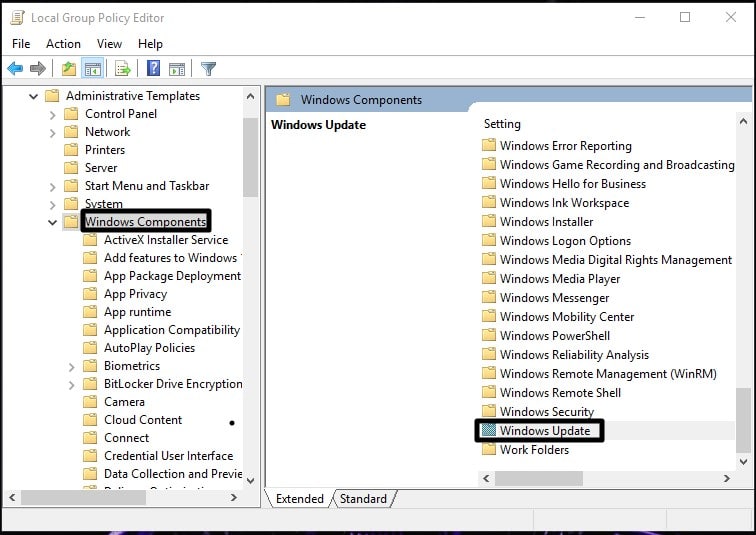 Windows Components to select Windows Update.