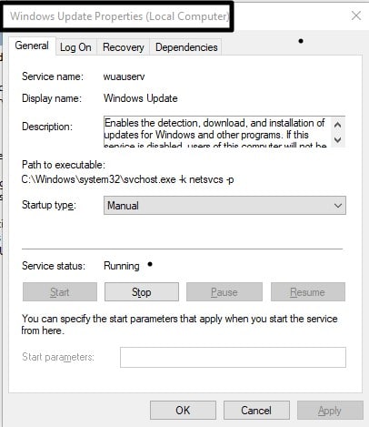 Windows Update Properties window