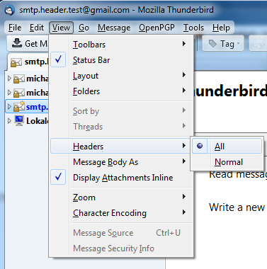 Mozilla Thunderbird Headers view