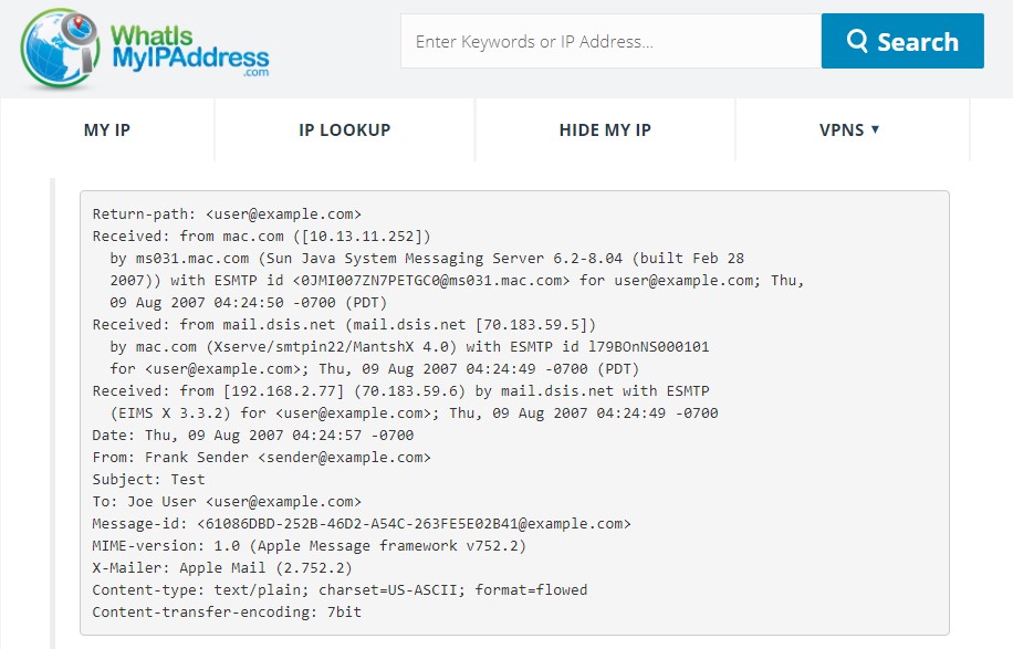 sender and their IP address on whatismyipaddress