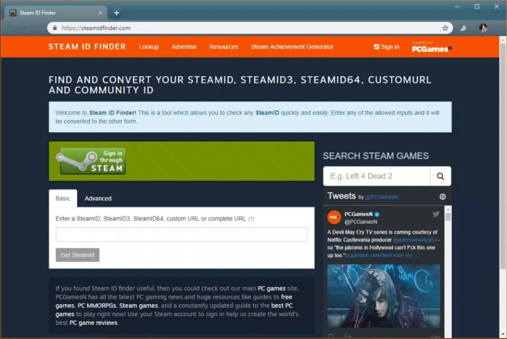 steam ID finder homepage