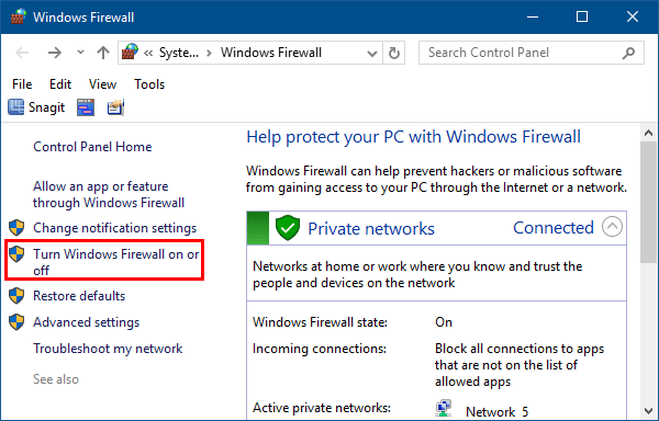 Turn Windows Firewall on or off link