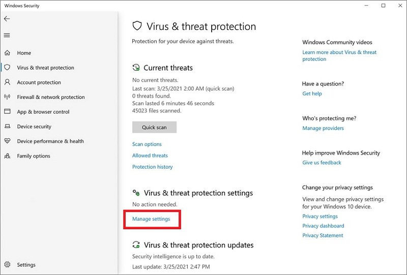 Virus & threat protection settings
