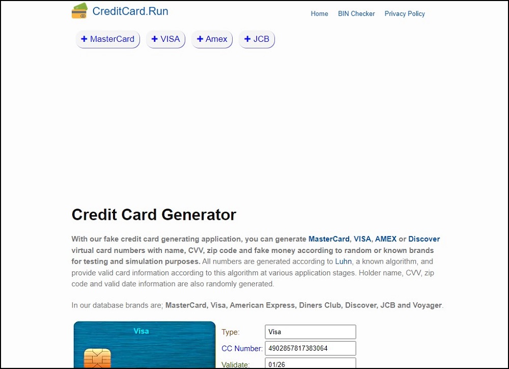 CreditCard Run for Credit Card Generator and Validator