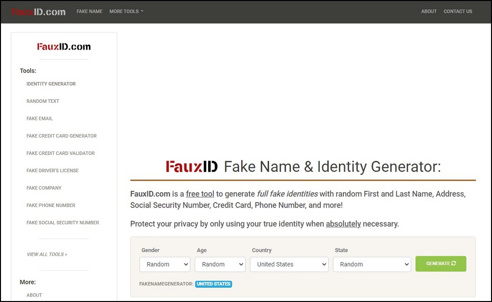 FauxID for Online Fake Person Generator Tools