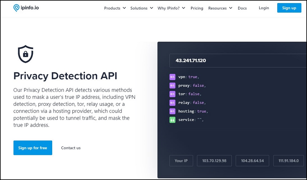 IPInfo Privacy Detection API for VPN and Proxy Detection Tools